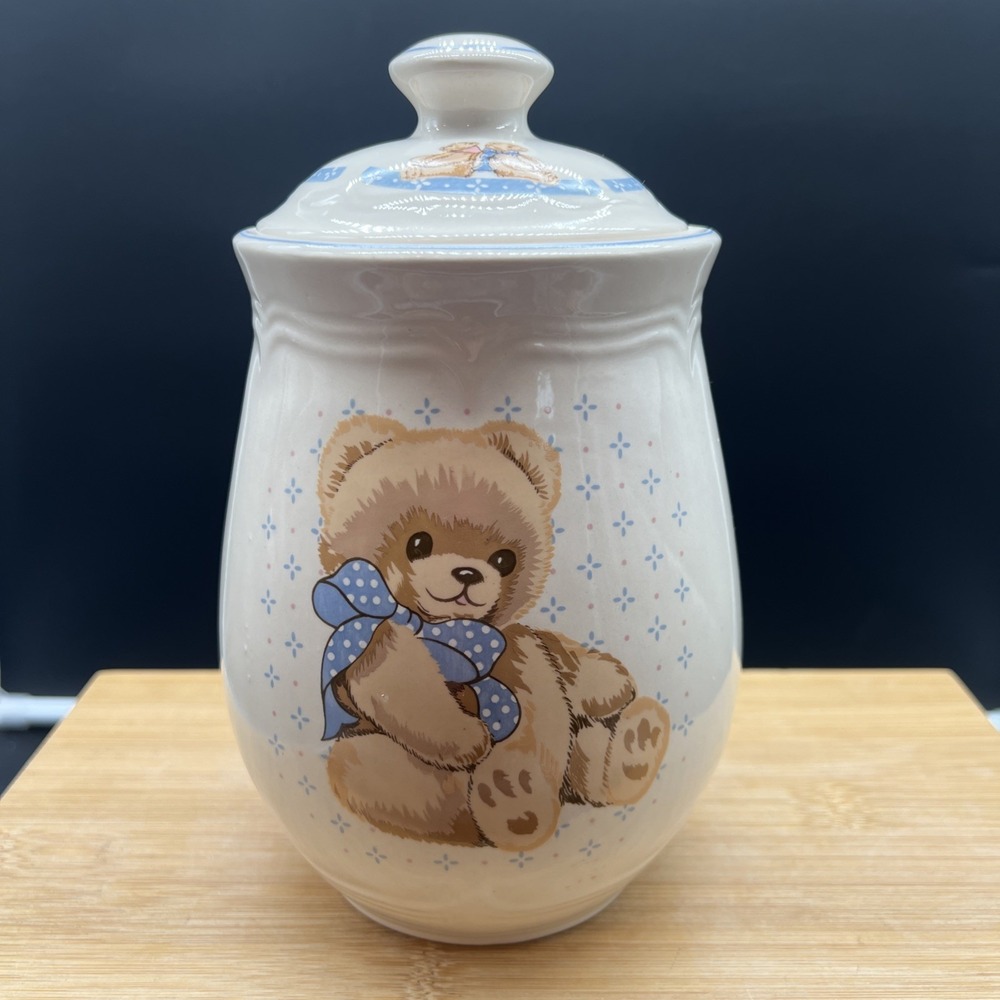 Vintage Tienshan Country Bear Small 6-5/8" Canister & Lid Teddybear Bow